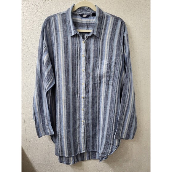 LANDS END Shirt Womens XL 18 Blue Striped Linen Long Sleeve Button Up Resort - Picture 1 of 8
